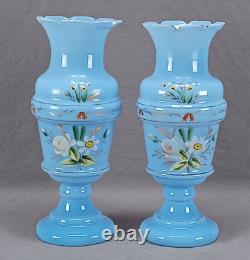 Pair of Bohemian Victorian Hand Enameled Rose Floral & Gold Blue Glass Vases