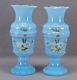 Pair Of Bohemian Victorian Hand Enameled Rose Floral & Gold Blue Glass Vases