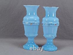 Pair of Bohemian Victorian Hand Enameled Rose Floral & Gold Blue Glass Vases