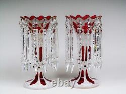 Pair of Czech Bohemian White Cut to Ruby Glass Hand With Prisms Mantel Lusters