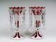 Pair Of Czech Bohemian White Cut To Ruby Glass Hand With Prisms Mantel Lusters