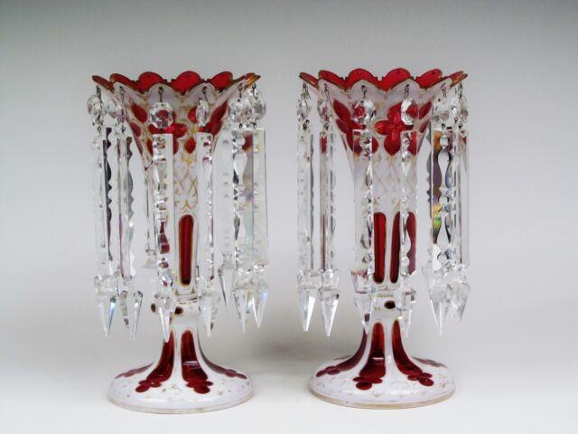 Pair Of Czech Bohemian White Cut To Ruby Glass Hand With Prisms Mantel Lusters