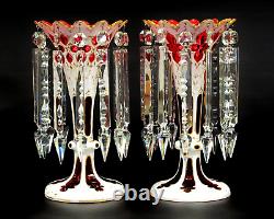 Pair of Czech Bohemian White Cut to Ruby Glass Hand With Prisms Mantel Lusters