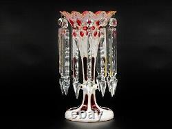 Pair of Czech Bohemian White Cut to Ruby Glass Hand With Prisms Mantel Lusters