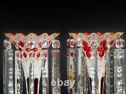 Pair of Czech Bohemian White Cut to Ruby Glass Hand With Prisms Mantel Lusters