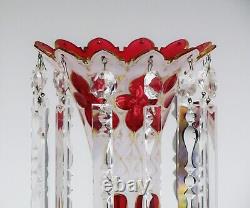 Pair of Czech Bohemian White Cut to Ruby Glass Hand With Prisms Mantel Lusters