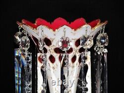 Pair of Czech Bohemian White Cut to Ruby Glass Hand With Prisms Mantel Lusters