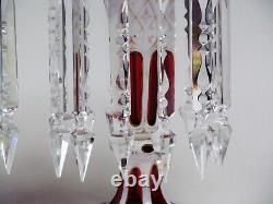 Pair of Czech Bohemian White Cut to Ruby Glass Hand With Prisms Mantel Lusters