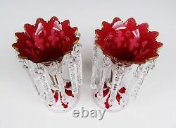 Pair of Czech Bohemian White Cut to Ruby Glass Hand With Prisms Mantel Lusters