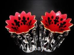 Pair of Czech Bohemian White Cut to Ruby Glass Hand With Prisms Mantel Lusters