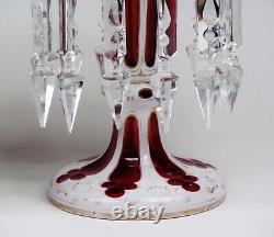 Pair of Czech Bohemian White Cut to Ruby Glass Hand With Prisms Mantel Lusters