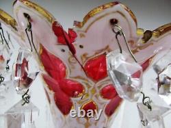 Pair of Czech Bohemian White Cut to Ruby Glass Hand With Prisms Mantel Lusters