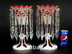 Pair of Czech Bohemian White Cut to Ruby Glass Hand With Prisms Mantel Lusters