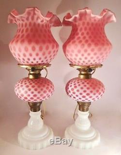 Pair of Fenton Art Glass Cranberry Opalescent Coin Dot Lamps with Matching Shades