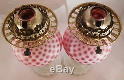 Pair of Fenton Art Glass Cranberry Opalescent Coin Dot Lamps with Matching Shades