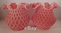 Pair of Fenton Art Glass Cranberry Opalescent Coin Dot Lamps with Matching Shades