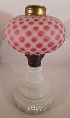 Pair of Fenton Art Glass Cranberry Opalescent Coin Dot Lamps with Matching Shades