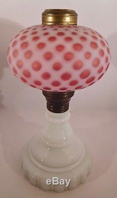 Pair of Fenton Art Glass Cranberry Opalescent Coin Dot Lamps with Matching Shades