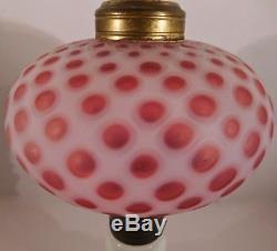 Pair of Fenton Art Glass Cranberry Opalescent Coin Dot Lamps with Matching Shades