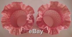 Pair of Fenton Art Glass Cranberry Opalescent Coin Dot Lamps with Matching Shades