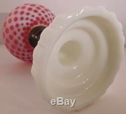 Pair of Fenton Art Glass Cranberry Opalescent Coin Dot Lamps with Matching Shades