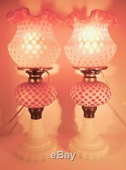 Pair of Fenton Art Glass Cranberry Opalescent Coin Dot Lamps with Matching Shades