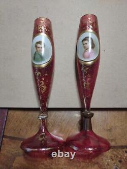 Pair of Moser Cranberry Hand Painted Portrait Vases Rare Boy & Girl 8 1/2
