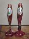 Pair Of Moser Cranberry Hand Painted Portrait Vases Rare Boy & Girl 8 1/2