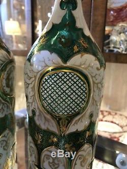 Pair of Moser Green Glass Decanters 19th Century Czech Bohemian Hand Painted