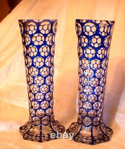 Pair of Rare 11 Blue Overlay Cut to Clear Punty Vases