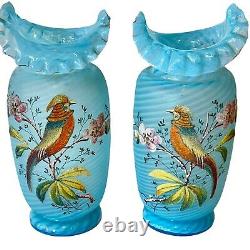 Pair of Vases Stevens Williams Antique Victorian Art Glass Enamel Coralene Blue