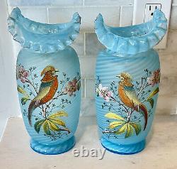 Pair of Vases Stevens Williams Antique Victorian Art Glass Enamel Coralene Blue