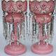 Pair Of Victorian Mantle Lustres Pink With Cased Enamel