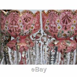 Pair of Victorian Mantle Lustres Pink with Cased Enamel