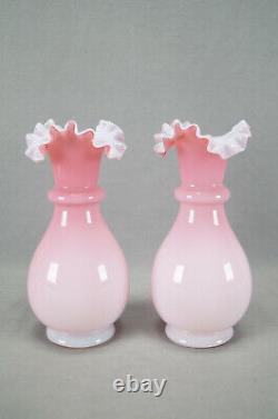 Pair of Victorian Pink Cased White Peach Blow Glass 6 3/4 Inch Ruffled Rim Vases