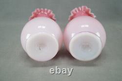 Pair of Victorian Pink Cased White Peach Blow Glass 6 3/4 Inch Ruffled Rim Vases