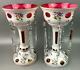 Pair Of Victorian White Over Cranberry Pink Crystal Bohemian Mantle 12 Lusters