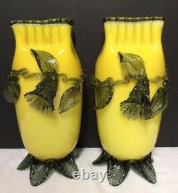 Pair of Yellow & Green Victorian Art Glass Vases