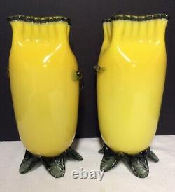 Pair of Yellow & Green Victorian Art Glass Vases