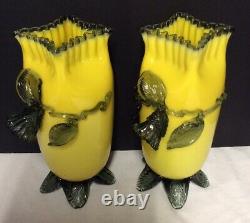 Pair of Yellow & Green Victorian Art Glass Vases