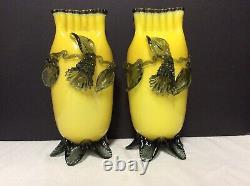 Pair of Yellow & Green Victorian Art Glass Vases