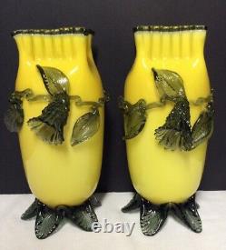 Pair of Yellow & Green Victorian Art Glass Vases