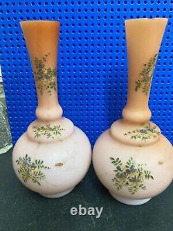 Pairantique Victorian Pink Satin Glass Cased Vase Hand Painted Enamel Decoration