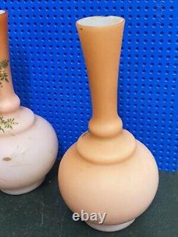 Pairantique Victorian Pink Satin Glass Cased Vase Hand Painted Enamel Decoration