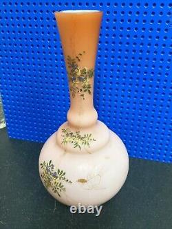 Pairantique Victorian Pink Satin Glass Cased Vase Hand Painted Enamel Decoration