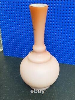 Pairantique Victorian Pink Satin Glass Cased Vase Hand Painted Enamel Decoration