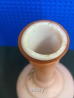 Pairantique Victorian Pink Satin Glass Cased Vase Hand Painted Enamel Decoration