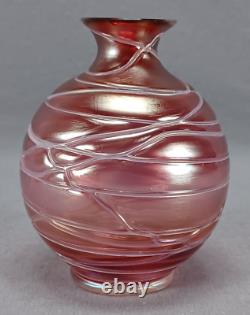 Pallme Konig Iridescent Cranberry Veined Art Nouveau 4 1/4 Inch Vase Circa 1900