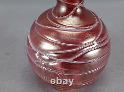 Pallme Konig Iridescent Cranberry Veined Art Nouveau 4 1/4 Inch Vase Circa 1900