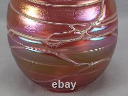 Pallme Konig Iridescent Cranberry Veined Art Nouveau 8 1/4 Inch Vase Circa 1900